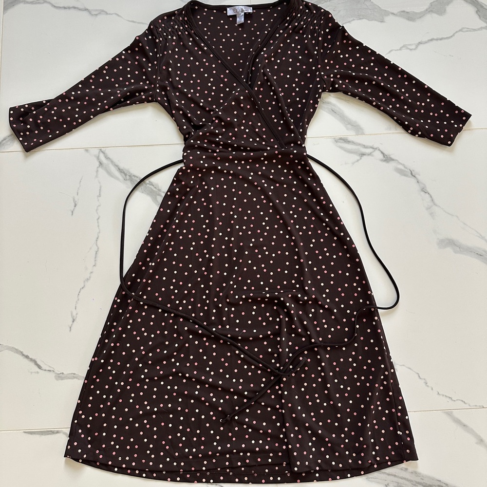 Polka Dot Wrap Dress - Brown with Pink and Yellow Dots